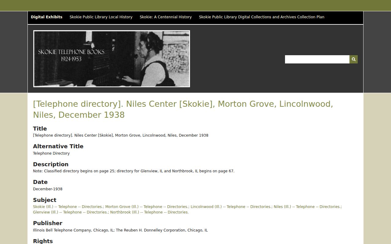 Digitized 1938 Niles Center and Skokie-area telephone directory item