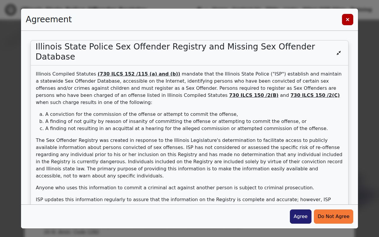 Illinois State Police registry disclaimer and lawful search entry for Skokie research