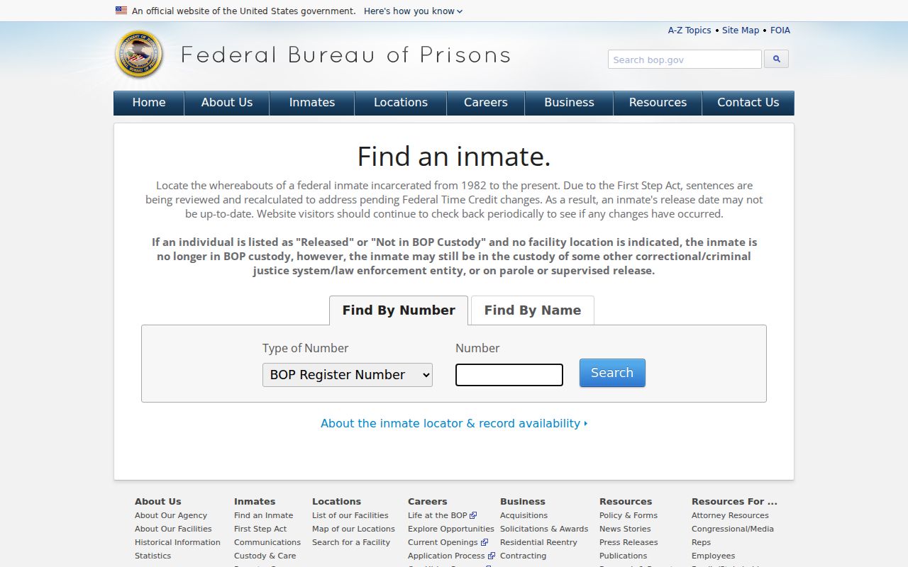 Federal Bureau of Prisons locator search fields for a name or register number