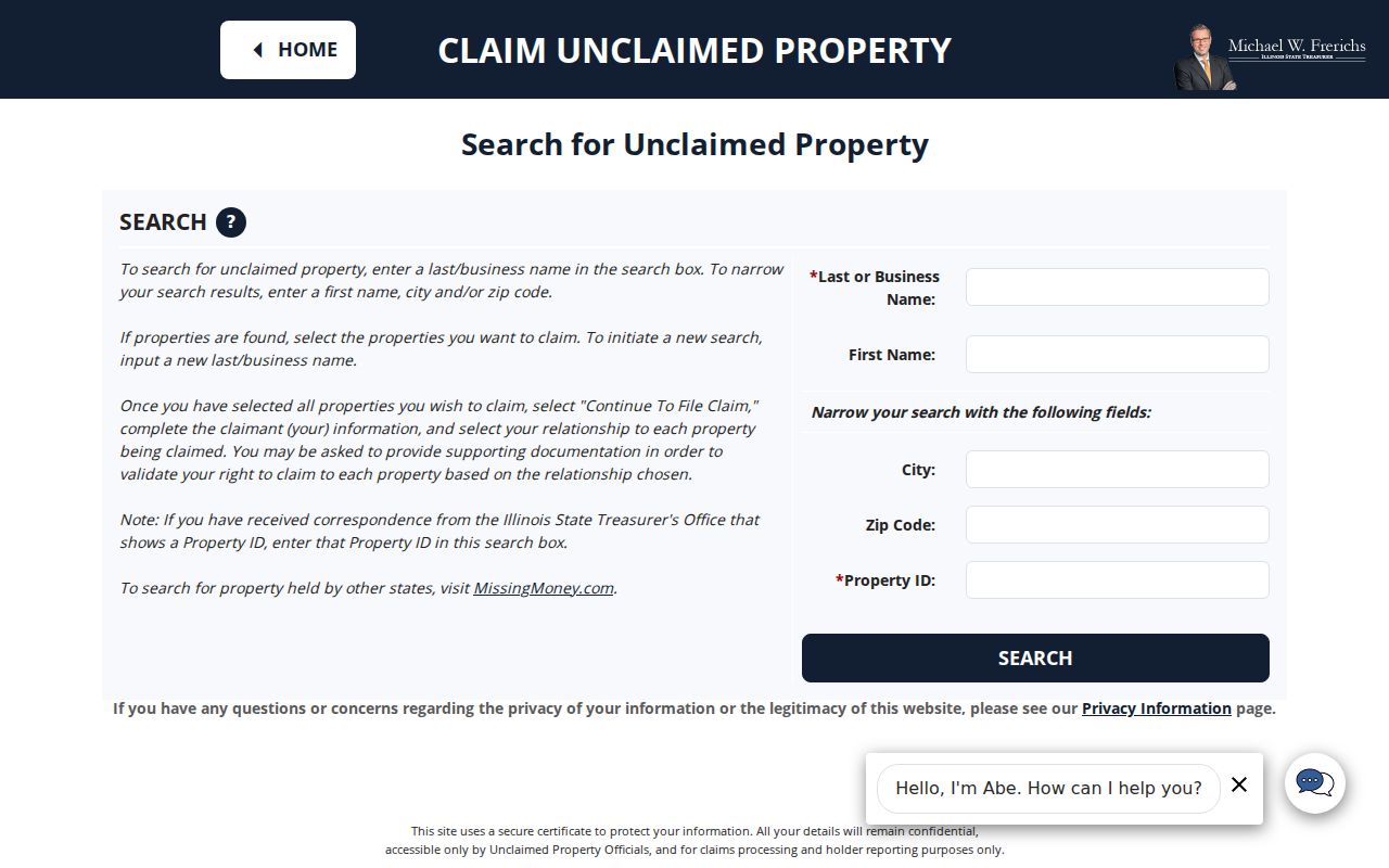 Illinois I-CASH fields for a Skokie name, city, or ZIP search