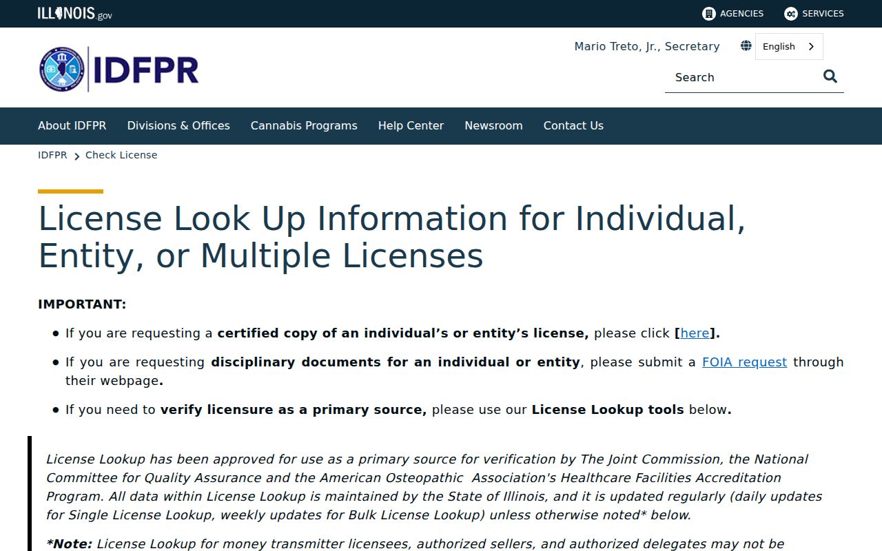 Illinois IDFPR license lookup entry for a Skokie resident search