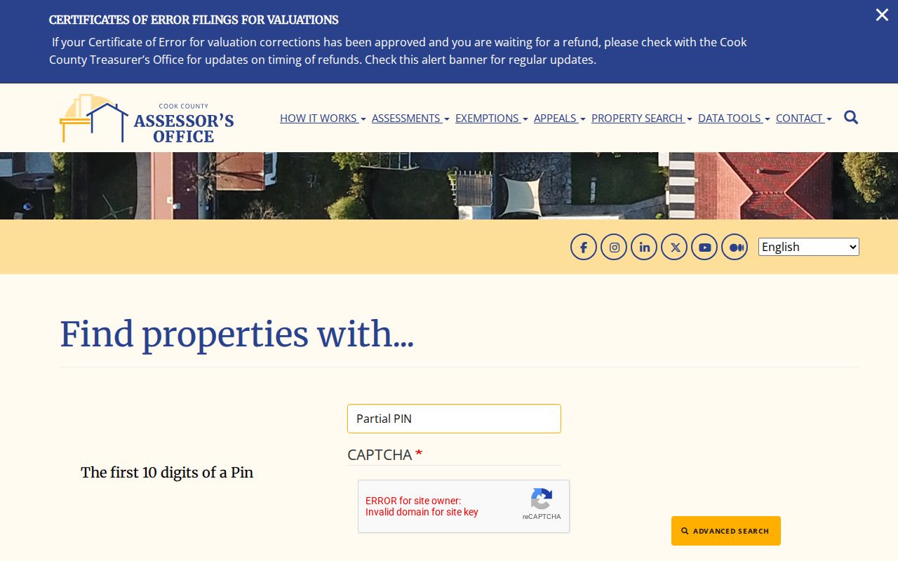 Cook County Assessor advanced address-range and PIN fields for a Skokie street search