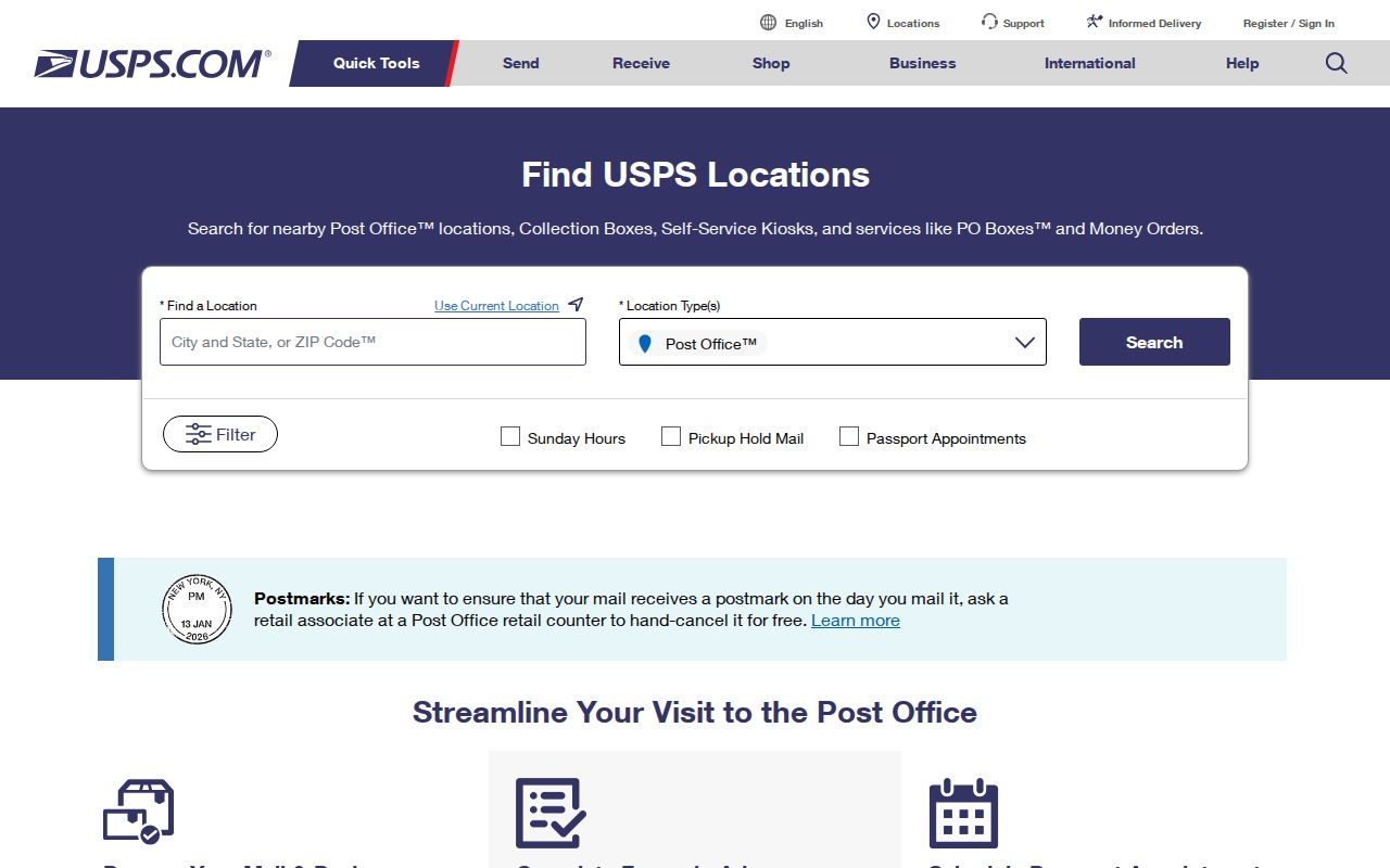 USPS location search for confirming a Skokie address, ZIP code, and postal facility